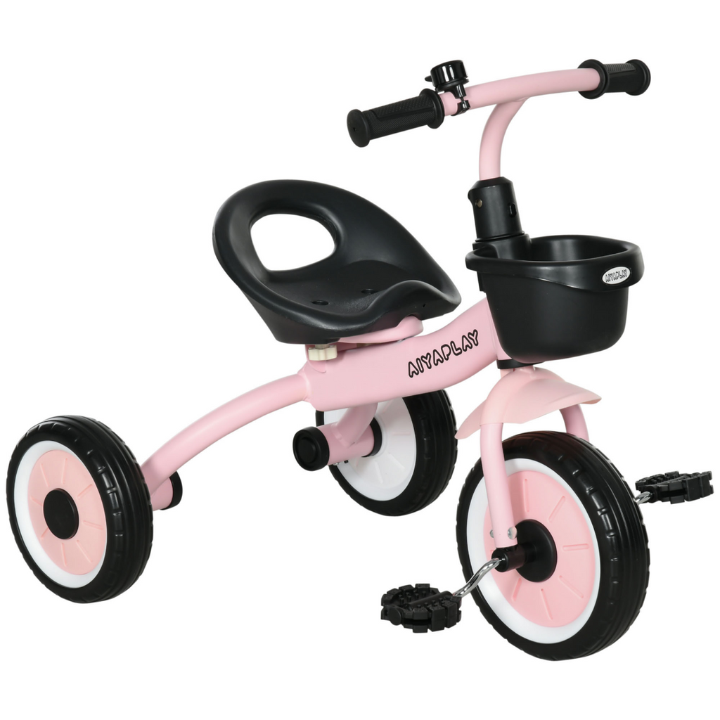 Pink FunZone tricycle for kids aged 2-5, featuring an adjustable seat, basket, and bell.
