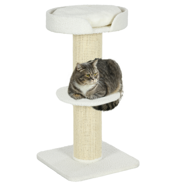 PawHut 2 Tier Cat Resting Tree with Top Basket Cushion Sisal Post Cream White