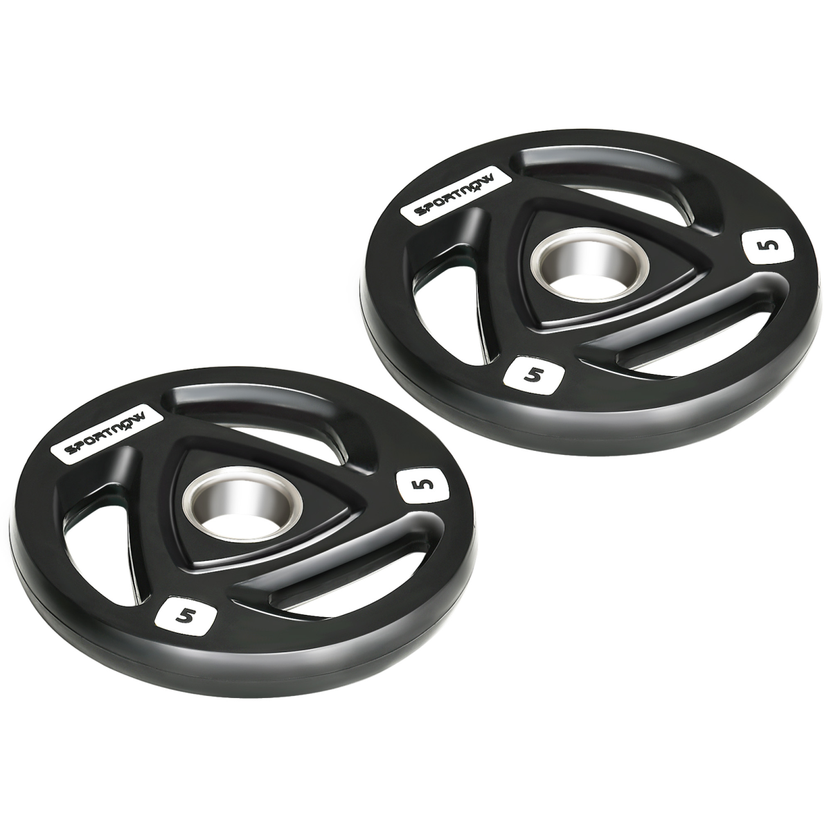 Olympic weight plates set with tri-grip design, 2-inch holes, featuring two 5kg weights for barbell training.