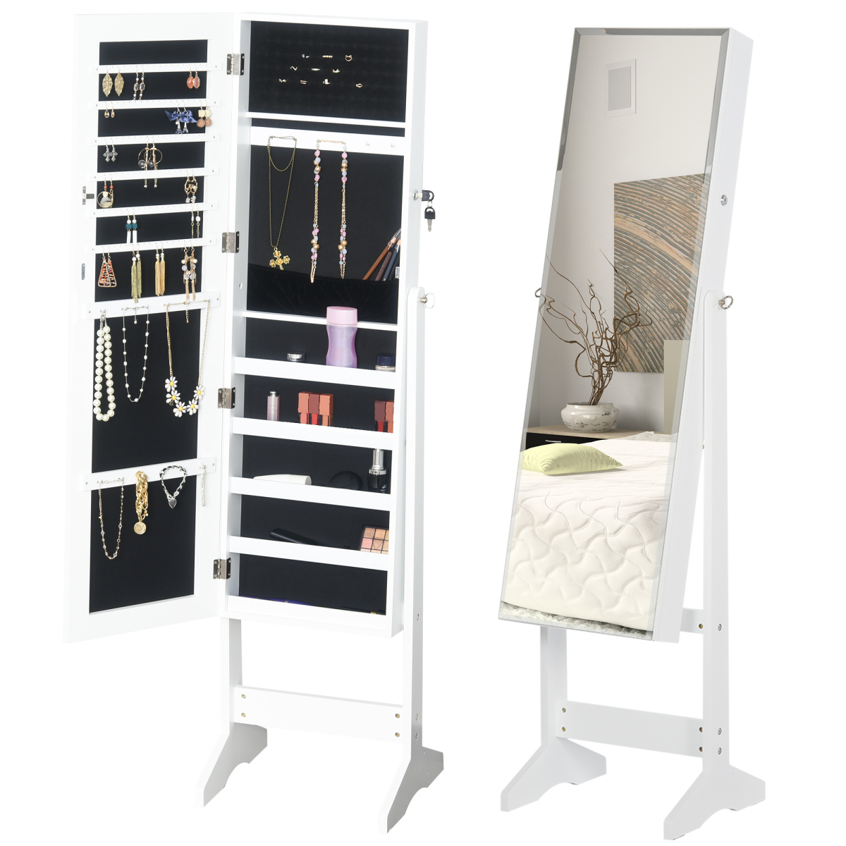 MDF Freestanding Glass Mirror Jewellery Cabinet - White