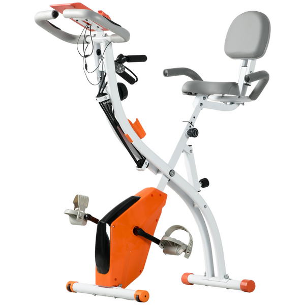 HOMCOM 2-in-1 upright exercise bike in orange with 8-level adjustment and pulse sensor displayed in a home setting.