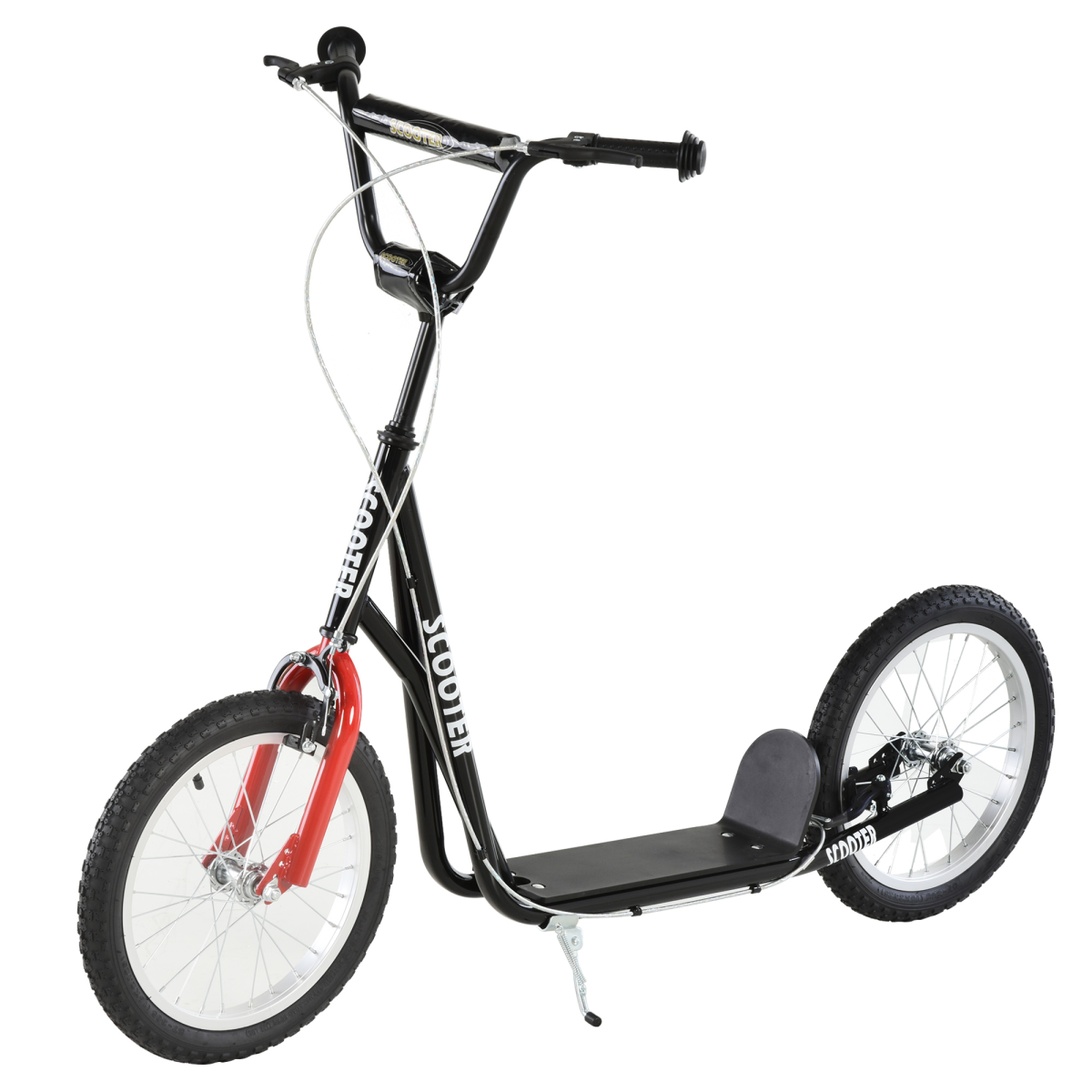 Kids kick scooter in black with adjustable handlebar and inflatable wheels, designed for ages 5 and up.