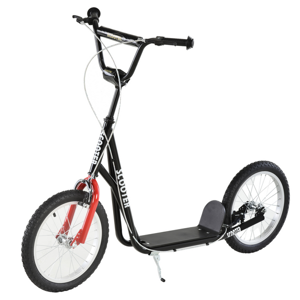Kids kick scooter in black with adjustable handlebar and inflatable wheels, designed for ages 5 and up.