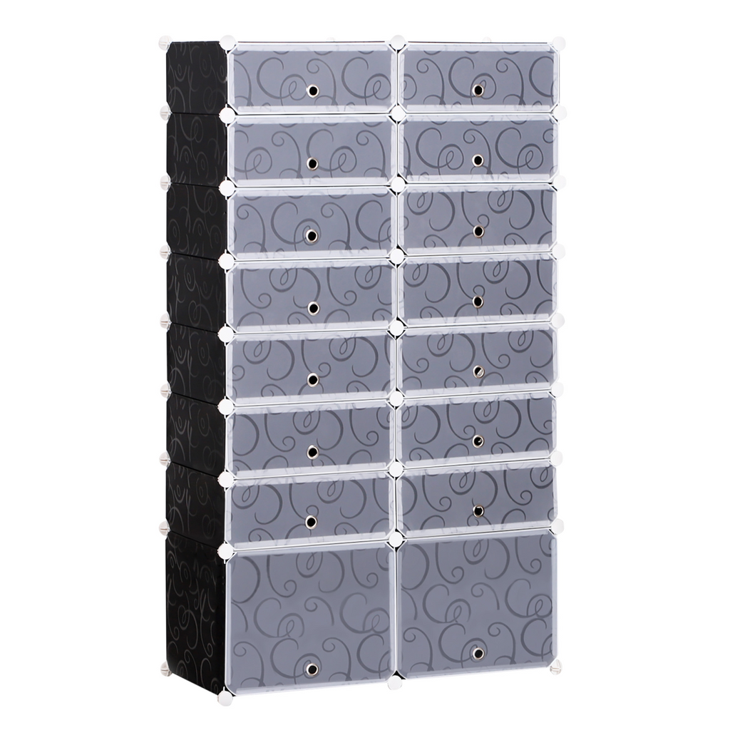 16-cube modular shoe rack in interlocking plastic design, 160cm tall, showcasing organized shoe storage solution.