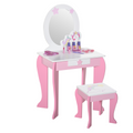 Kids dressing table with mirror and stool, featuring a unicorn design by HOMCOM, perfect for imaginative play.