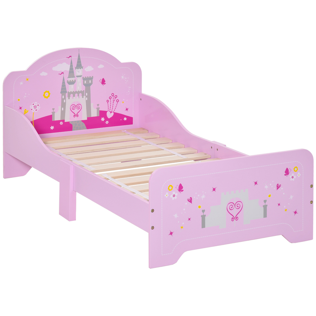 Kids pink bed with princess castle theme, side rails, and slats for ages 3-6 by HOMCOM.