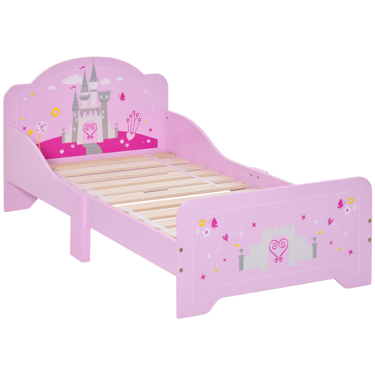 Kids pink bed with princess castle theme, side rails, and slats for ages 3-6 by HOMCOM.