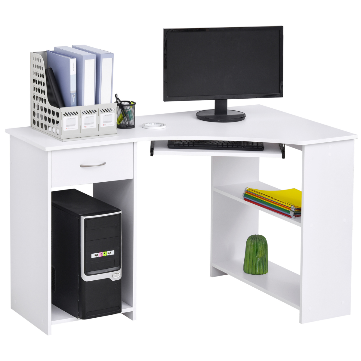 L-Shaped Corner Computer Desk w/ 2 Shelves Worktop Keyboard Tray White