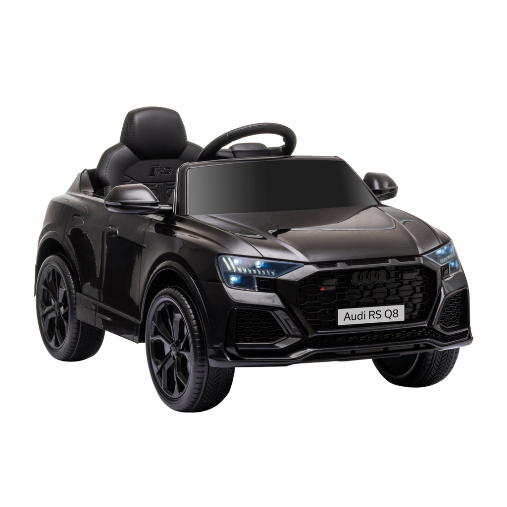 Black Audi RS Q8 6V kids electric ride-on car toy with remote control, USB, MP3, and Bluetooth features.
