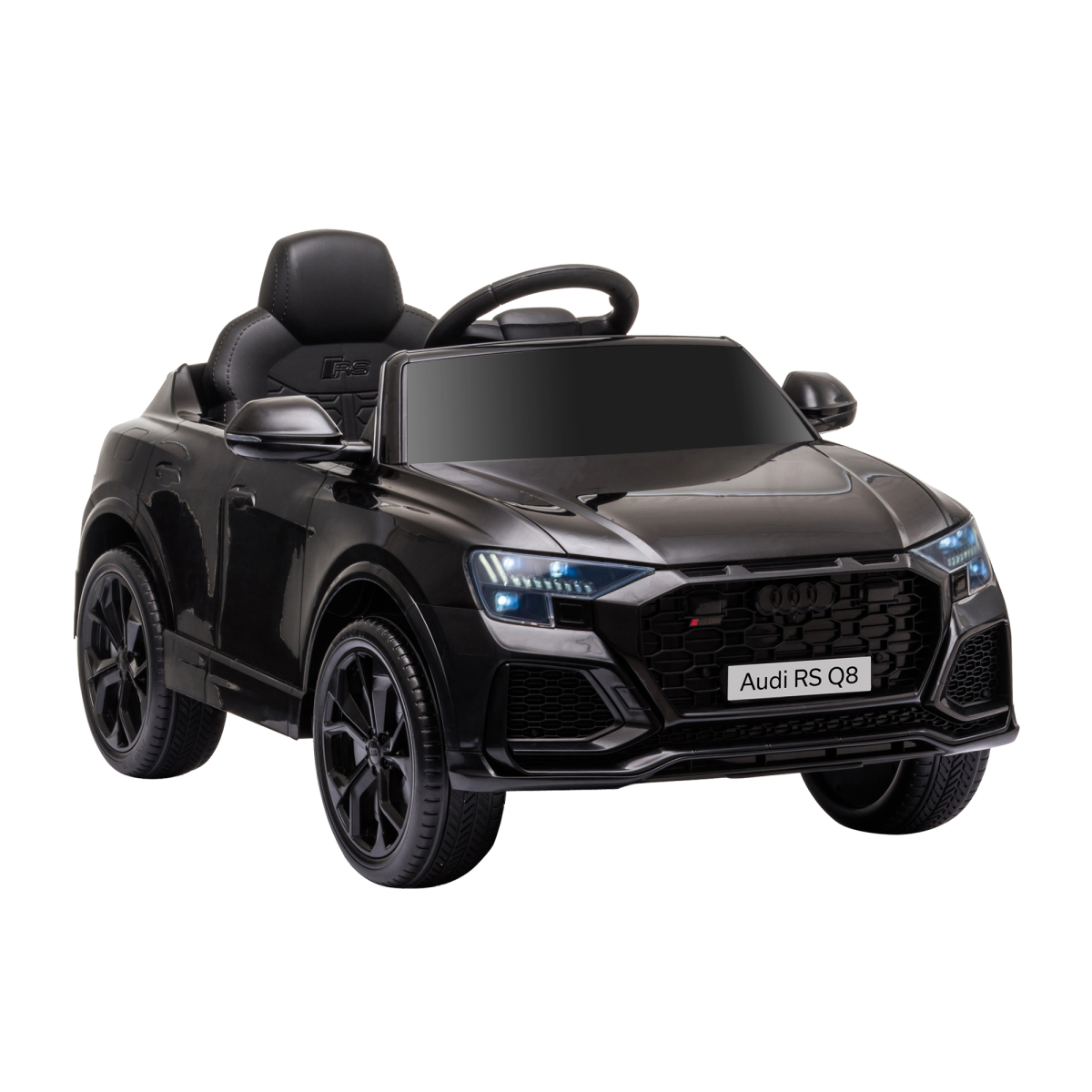 Black Audi RS Q8 6V kids electric ride-on car toy with remote control, USB, MP3, and Bluetooth features.