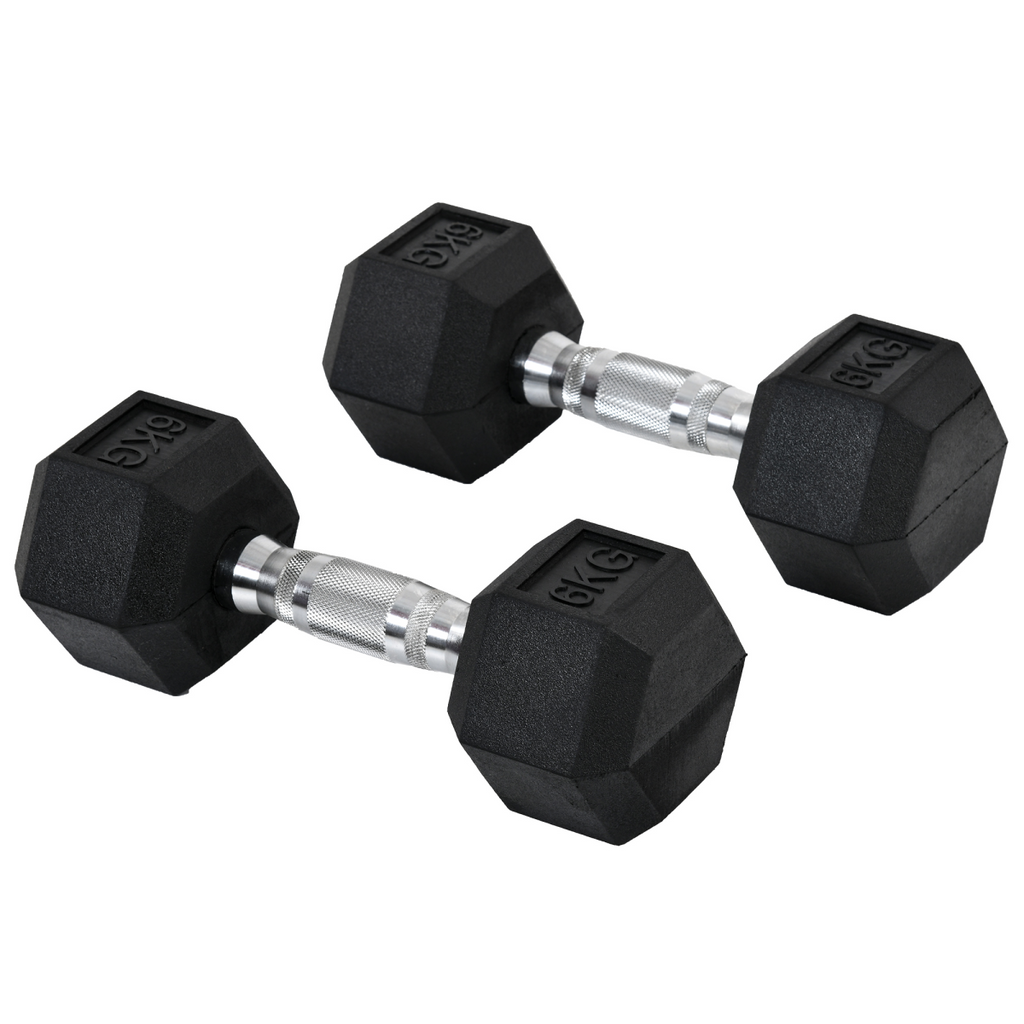 Hexagonal dumbbells 2x6kg for weight lifting, ideal for home fitness, featuring a sturdy design and non-slip grip.