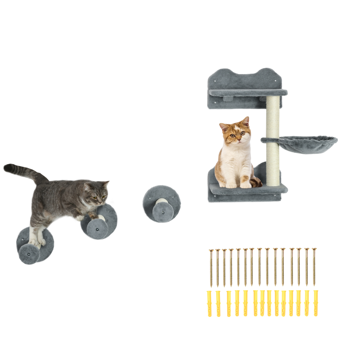 Cat Shelf with Scratching Post, Wall-Mounted Cat Tree for Indoor Cat - Grey