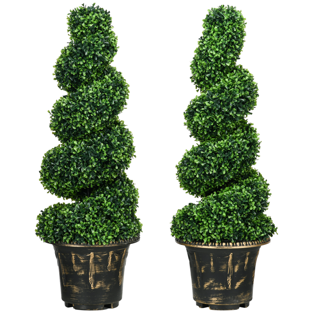 Set of 2 HOMCOM artificial topiary spiral trees, 90cm boxwood with lavender accents, displayed in decorative pots.