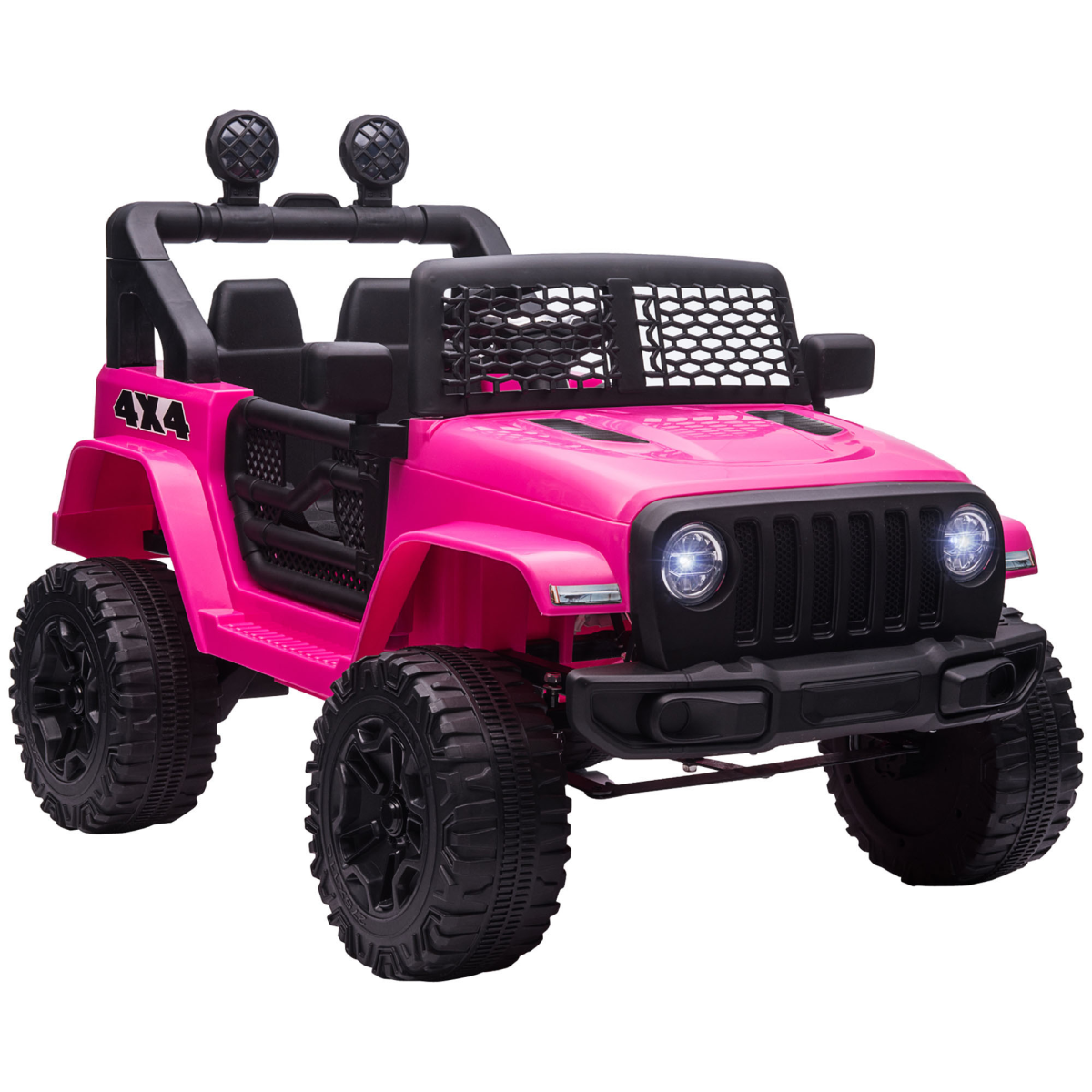 Pink 12V Kids Electric Ride-On Truck with remote control, off-road SUV designed for ages 3-6, showcasing its sturdy build.