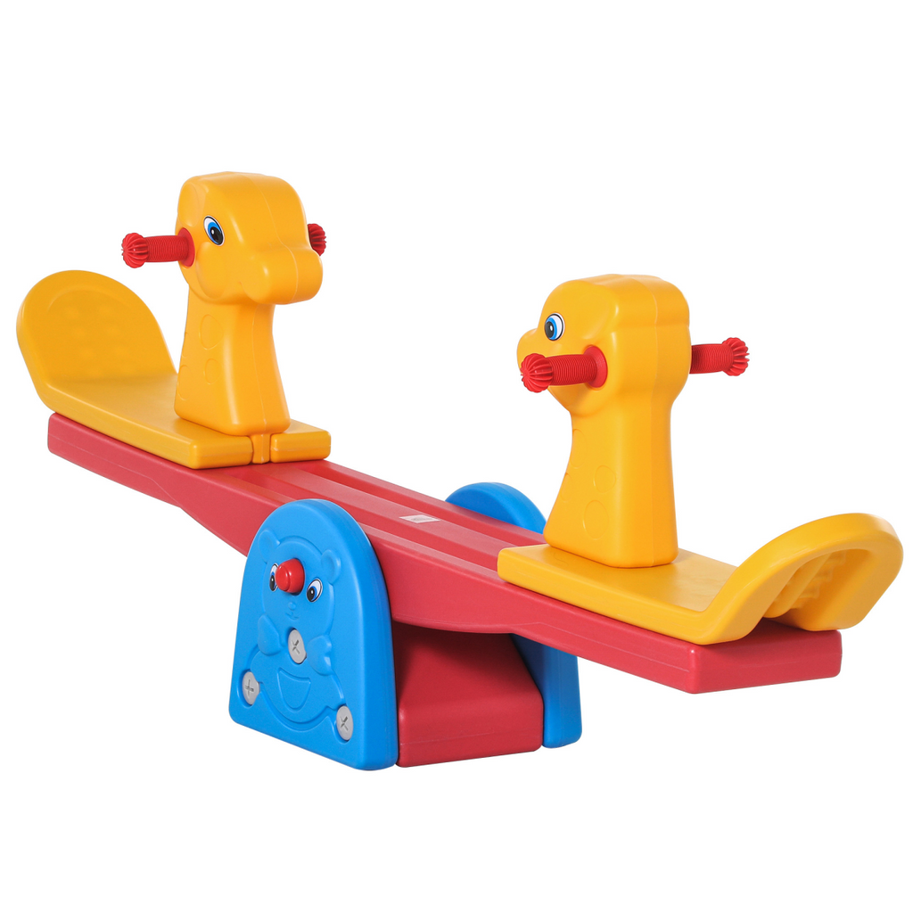 Kids seesaw with two seats and easy-grip handles by HOMCOM, designed for safe outdoor play.