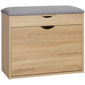 HOMCOM entryway shoe bench with a cushioned seat and storage cabinet in natural wood finish.