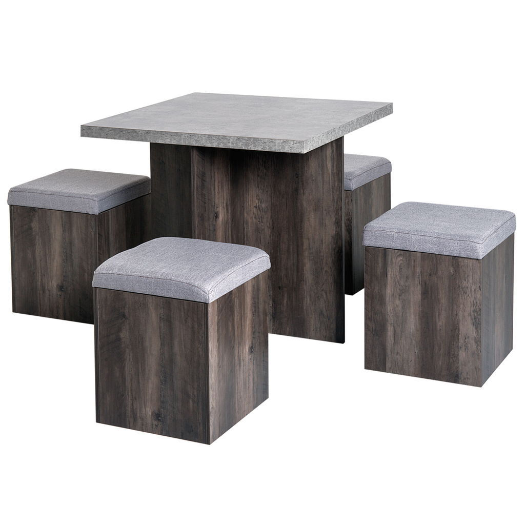 HOMCOM 5-piece garden dining set featuring a square table and 4 grey ottoman seats with storage.