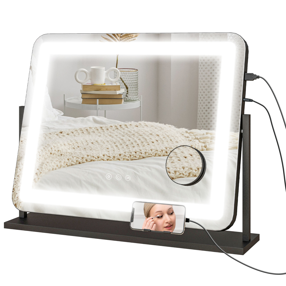 Dimmable Lighted Makeup Mirror with Magnifier & USB Port - 360° Rotation