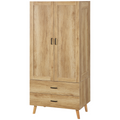 2 Door Wardrobe, Modern Wardrobe w/ 2 Drawer, Hanging Rail for Bedroom Natural