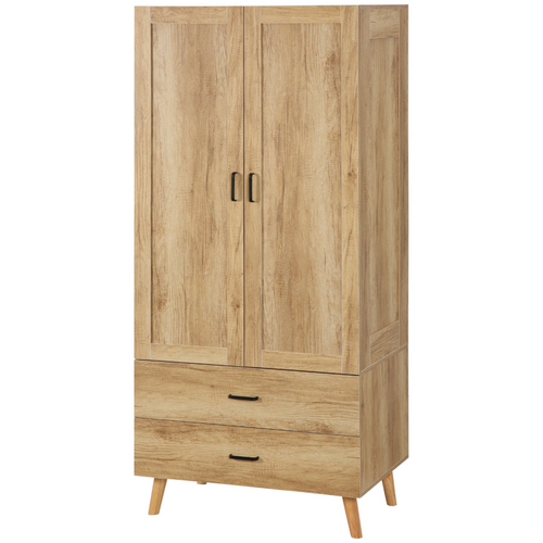 HOMCOM 2 door wardrobe with 2 drawers and hanging rail, natural finish, 185cm tall, showcasing spacious storage design.