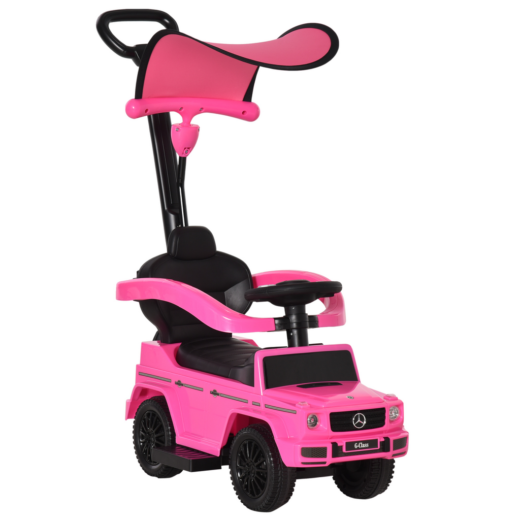 Pink Mercedes Benz G350 ride-on push car with sun canopy for toddlers aged 12-36 months by FunZone.