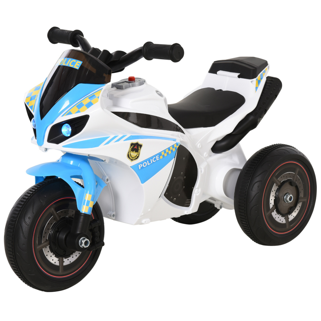 Kids ride-on police bike by FunZone with three wheels, music, and lights for children aged 18-36 months.