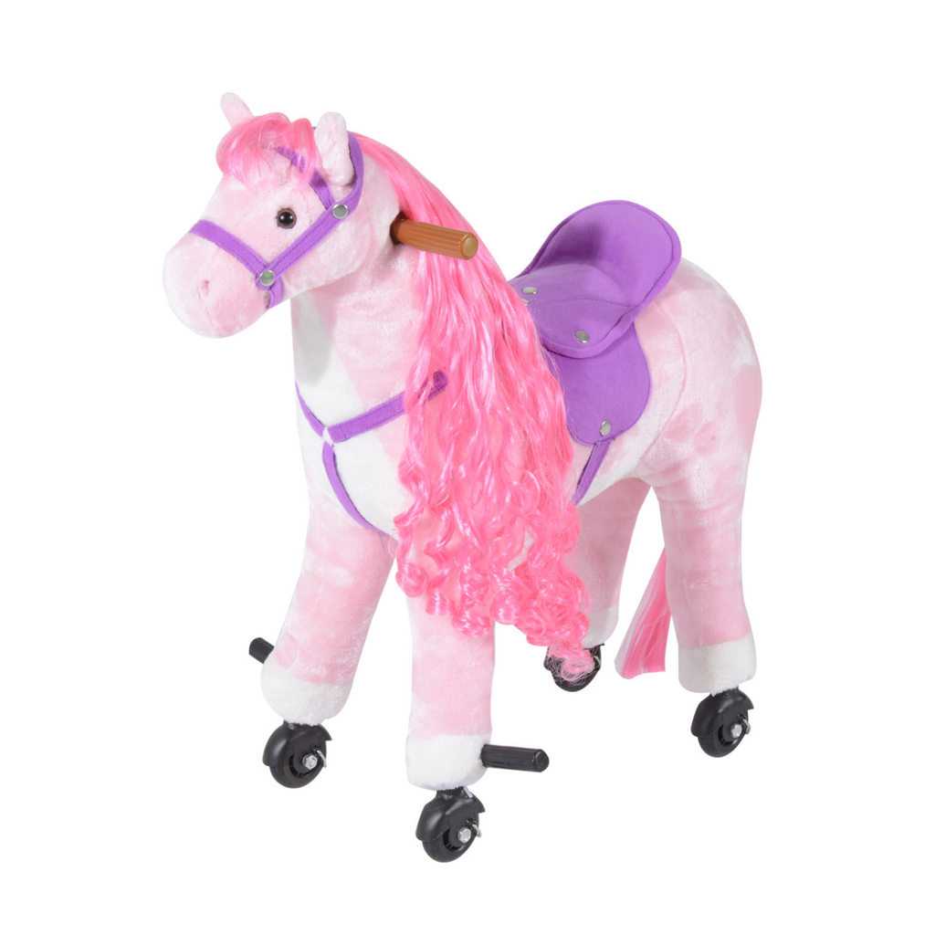 Child-sized plush walking ride-on horse toy by HOMCOM, featuring a realistic design and sound effects for interactive play.