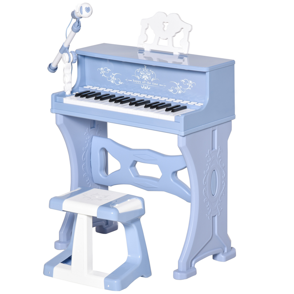 HOMCOM 37-key electric keyboard piano with microphone and stool, designed as an educational musical toy for children.
