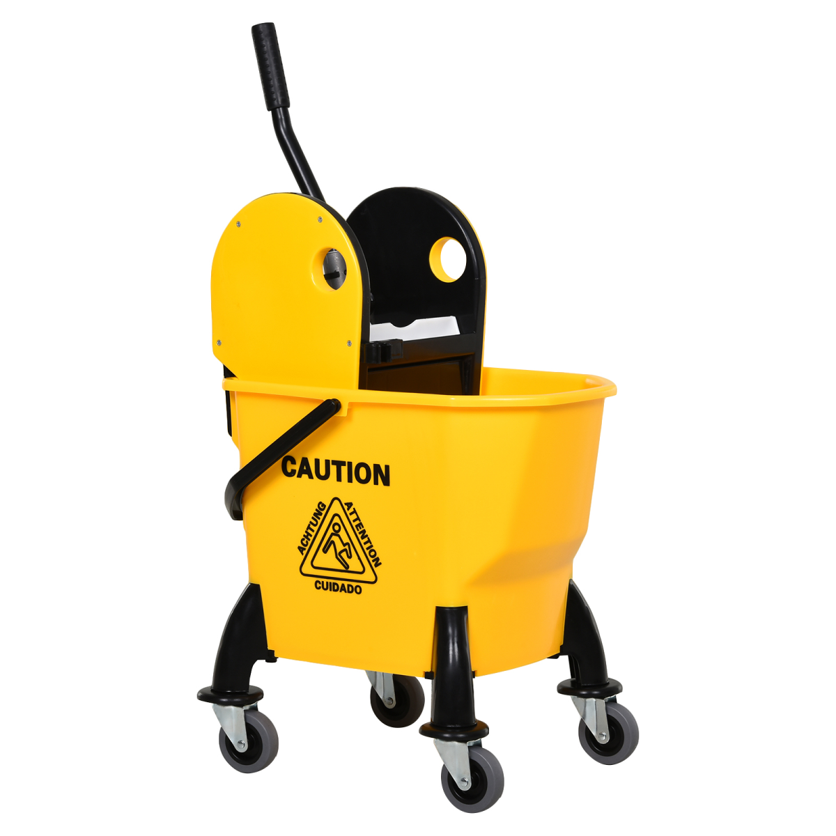 HOMCOM yellow 26L mop bucket with water wringer and four wheels, featuring a durable plastic body for easy mobility.