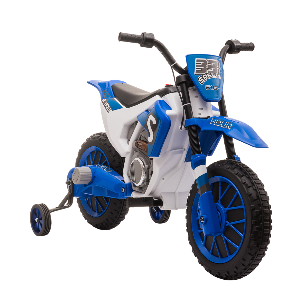 Blue HOMCOM 12V Kids Electric Motorbike with training wheels, designed for safe and fun riding experiences.