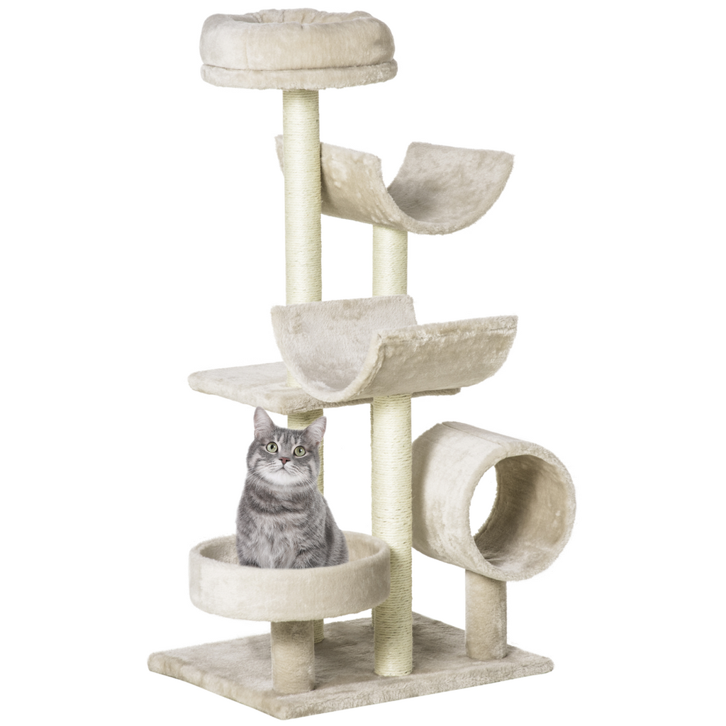 Beige multi-level cat tree by Pawhut with scratching post, perch, tunnel, and play center for active cats.