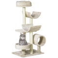 Beige multi-level cat tree by Pawhut with scratching post, perch, tunnel, and play center for active cats.