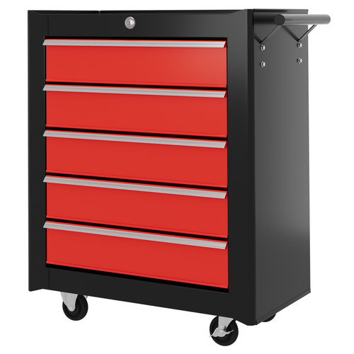 Red 5-drawer rolling tool chest by HOMCOM, featuring a lockable steel cabinet and wheels for easy mobility.