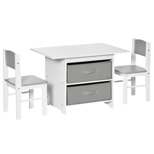 HOMCOM 3-piece kids table and chairs set with storage drawers for toddlers ages 2-4 in a colorful design.