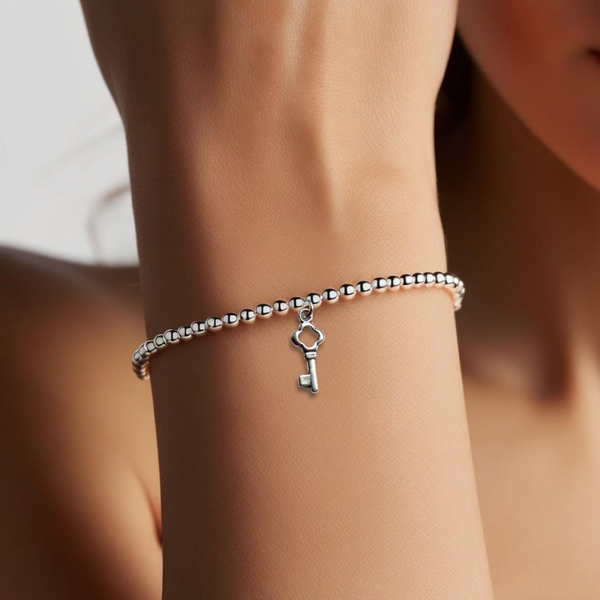 Key Silver Beaded Bracelet - Women's Key Charm