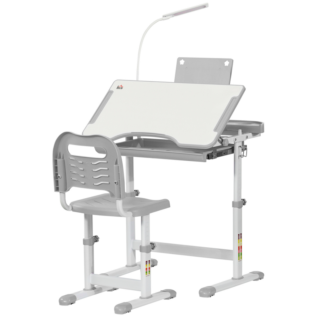 Kids study desk and chair set with adjustable height, grey color, includes USB lamp, FunZone design by HOMCOM.