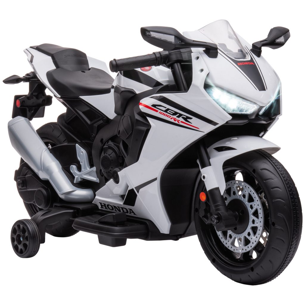 Licensed Honda 6V electric motorbike with training wheels for kids ages 3-5, featuring a vibrant design and safe construction.