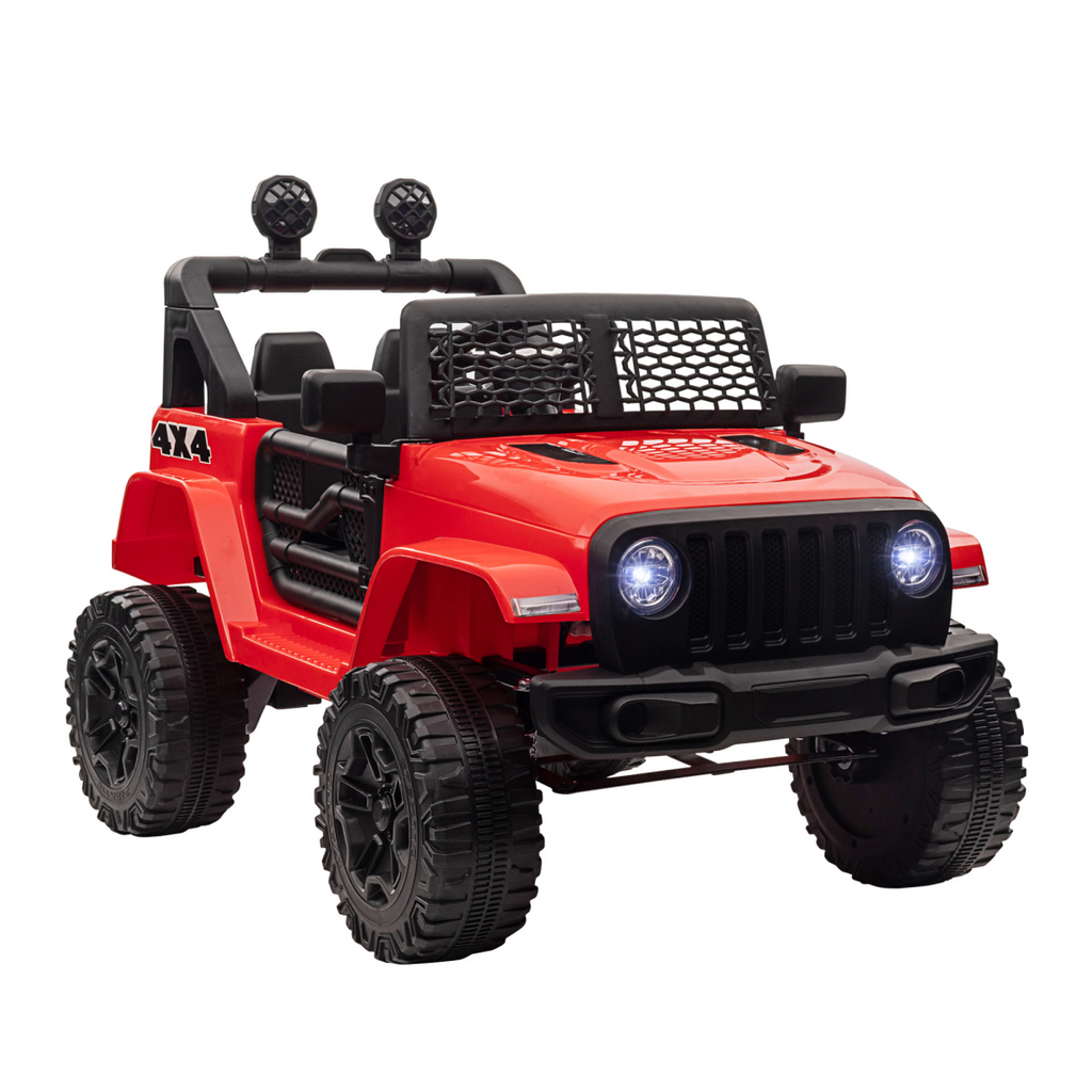 Red HOMCOM FunZone 12V kids electric ride-on truck with remote control, featuring off-road design and spacious seating.