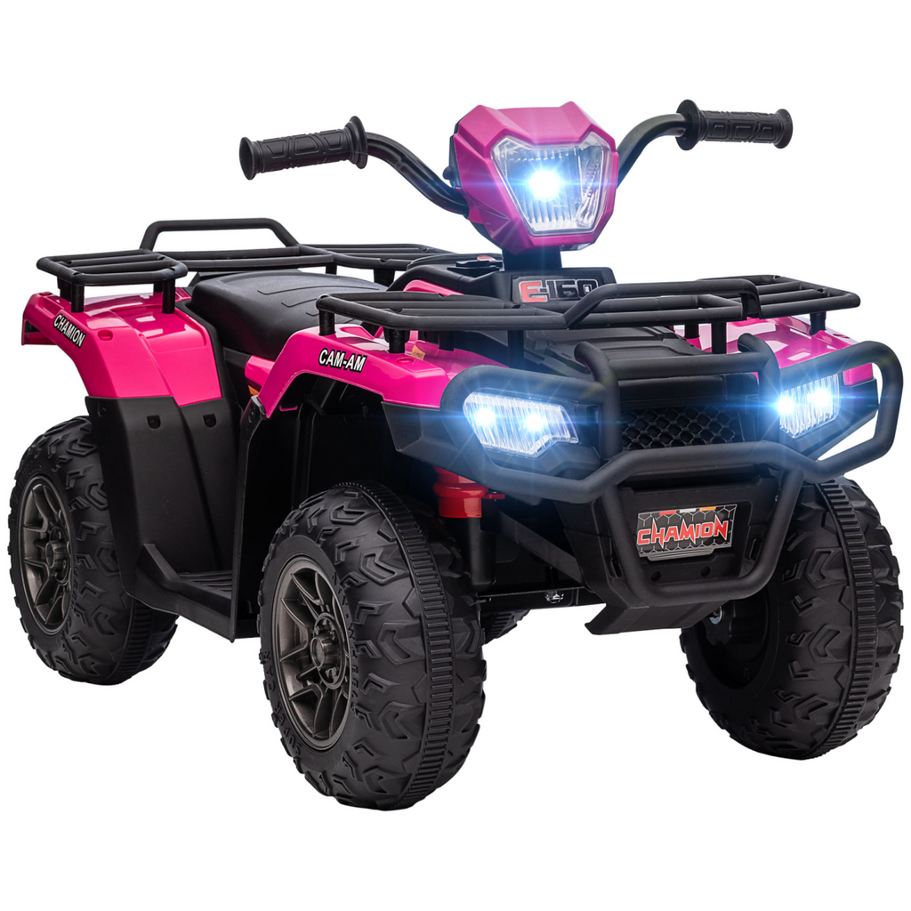 HOMCOM pink 12V electric quad bike for kids, ages 3-5, featuring LED headlights and music for added fun.