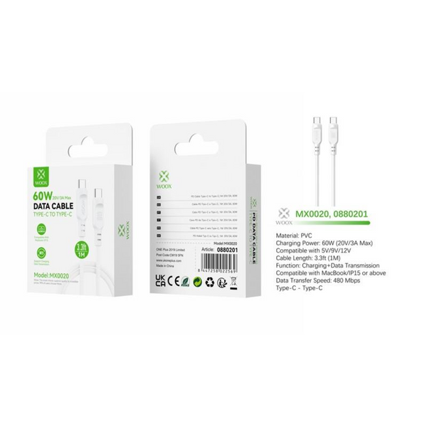 Woox MX0020 Type C to Type C PVC Data Cable, 60W, 3.3ft 1m, White