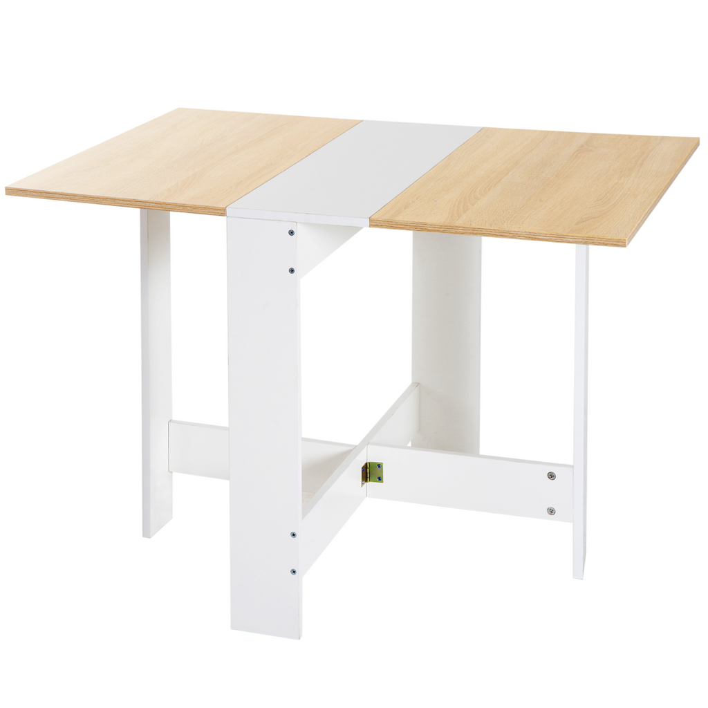 HOMCOM oak white drop leaf folding table, seats 6, showcasing a space-saving, multifunctional design in a home setting.
