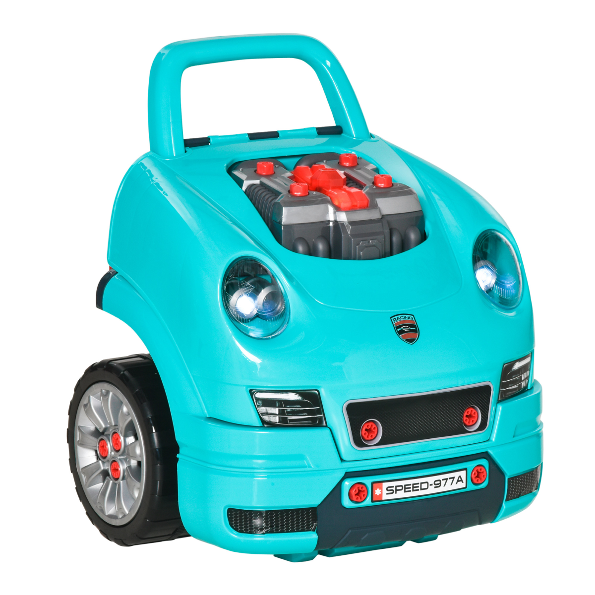 Teal green HOMCOM Kids Truck Engine Toy Set with horn, light, and car key for ages 3-5 years on a white background.