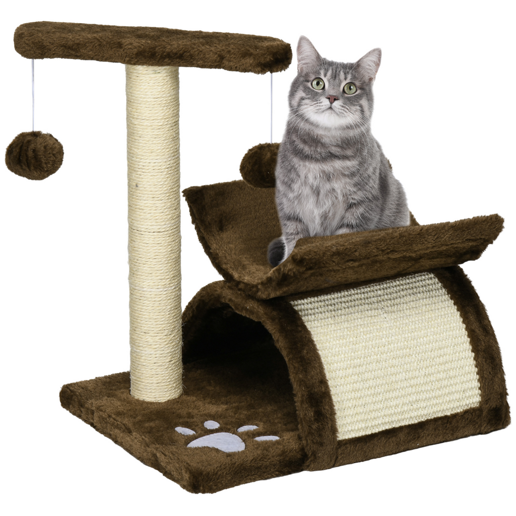 Pawhut cat tree with plush scratching posts, top bar tunnel, and dangling ball for kitty play and activity.