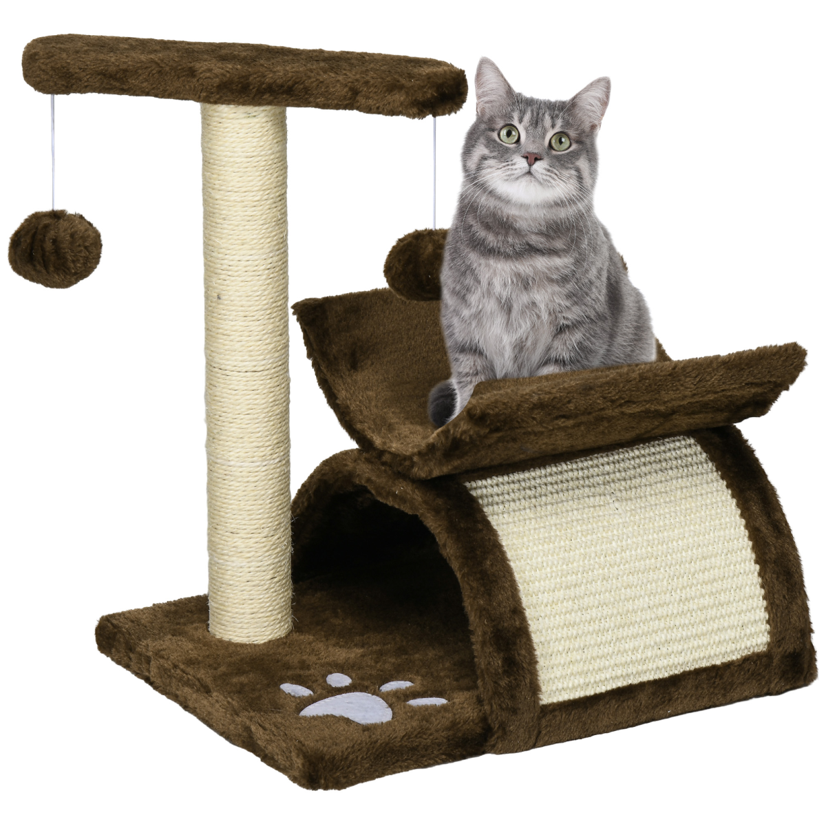 Pawhut cat tree with plush scratching posts, top bar tunnel, and dangling ball for kitty play and activity.