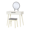 Dressing Table Vanity Set with Round Mirror & Cushioned Stool - White