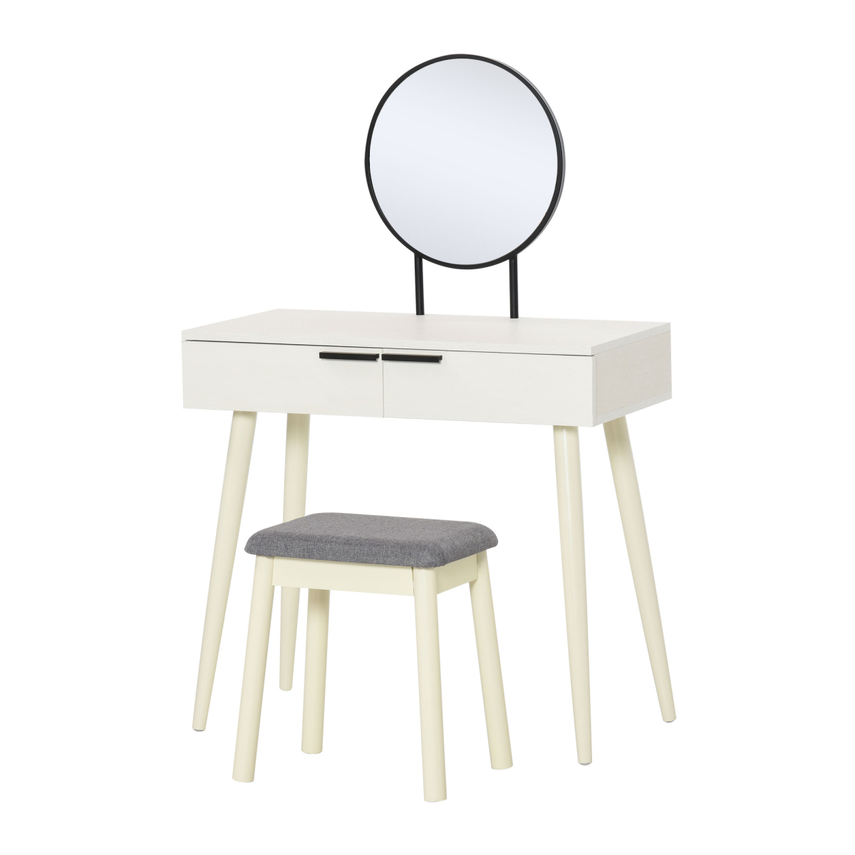 Dressing Table Vanity Set with Round Mirror & Cushioned Stool - White