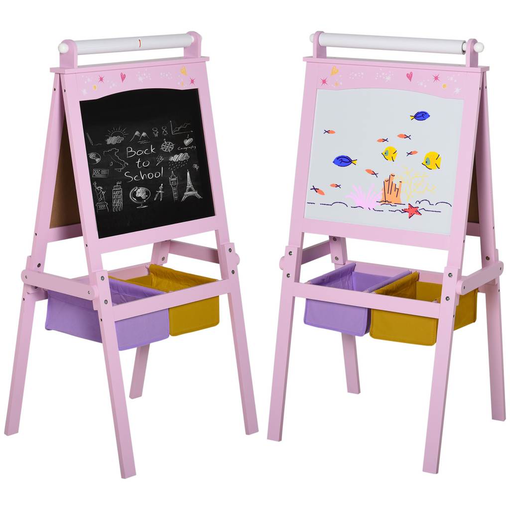 Kids wooden art easel with paper roll and double-sided chalkboard by FunZone, designed for creative play and artistic expression.