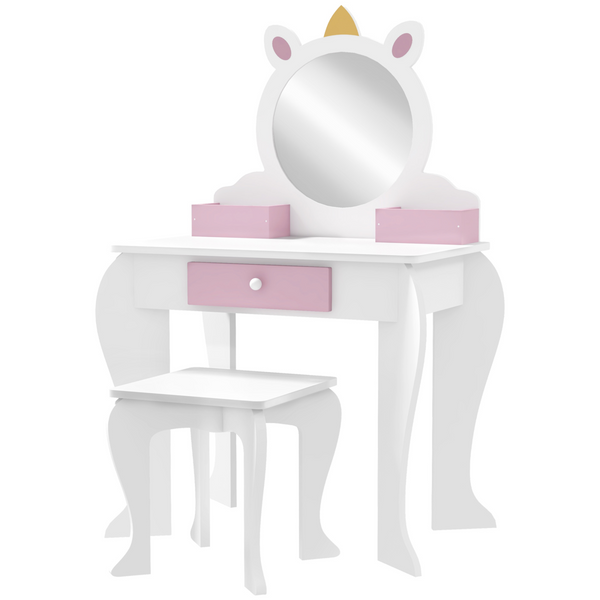 Kids Dressing Table with Mirror and Stool - Drawer & Storage Boxes - White