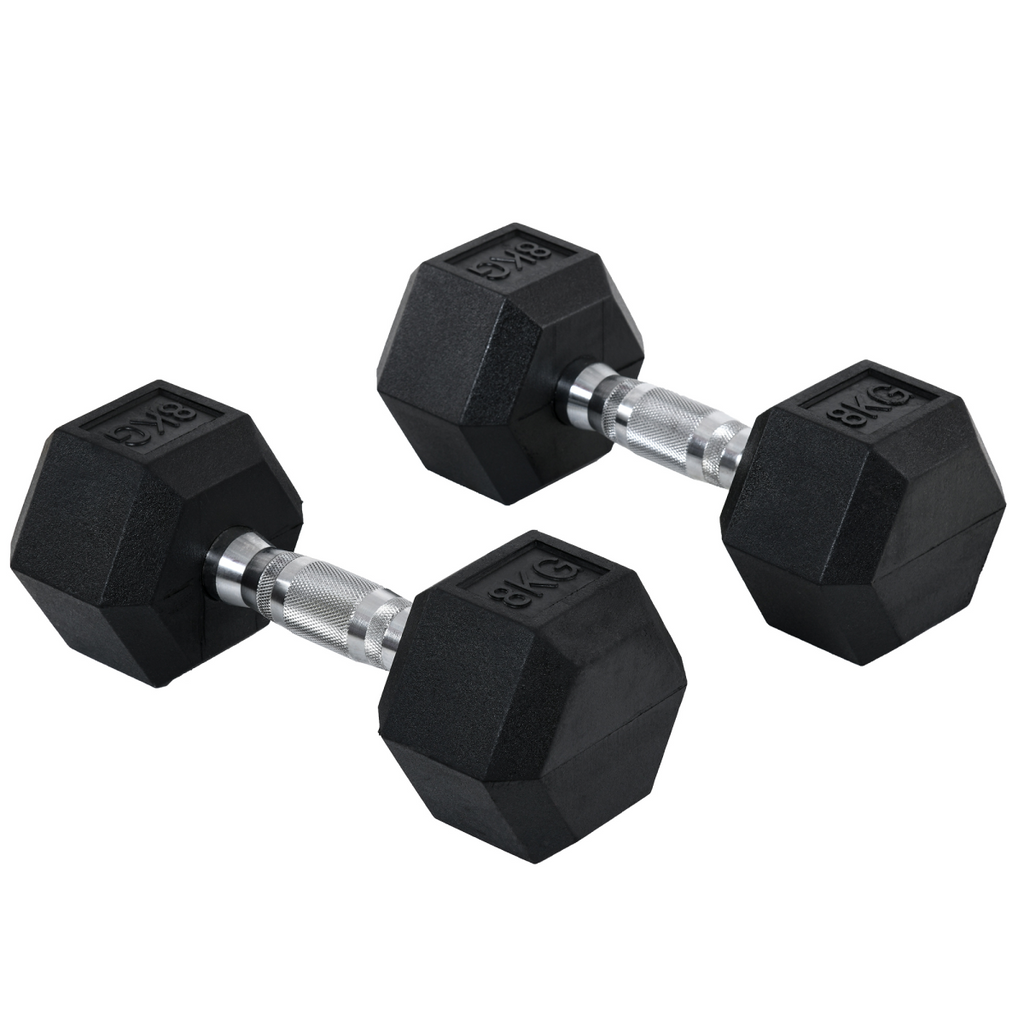 Hexagonal dumbbells 2x8kg by ActiveGear, ideal for weight lifting and home fitness workouts.