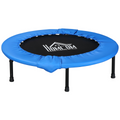 Foldable mini fitness trampoline in blue, designed for exercise rebounder workouts, showcasing a compact and sturdy frame.